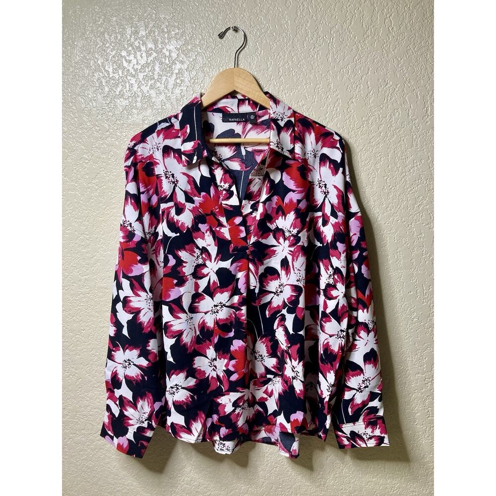 Rafaella Plus Size Top XXL Sheer Floral Tunic Long Sleeve V-neck Career